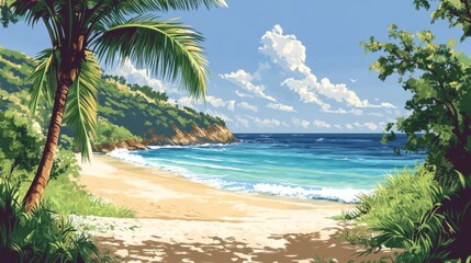 Serene Tropical Beach Scene With Lush Palm Trees