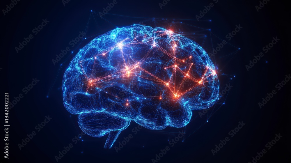 Poster mind's digital blueprint: a luminous digital rendering of the human brain, interconnected with a net