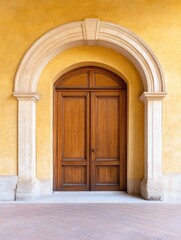 Elegant wooden door framed by a stone archway against a vibrant yellow wall