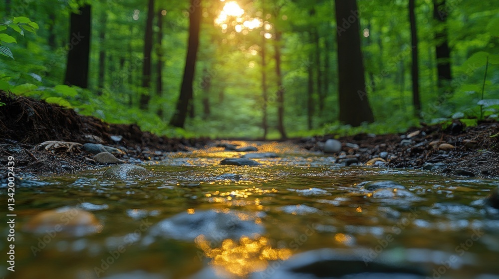 Poster sunlit stream flows through lush forest path
