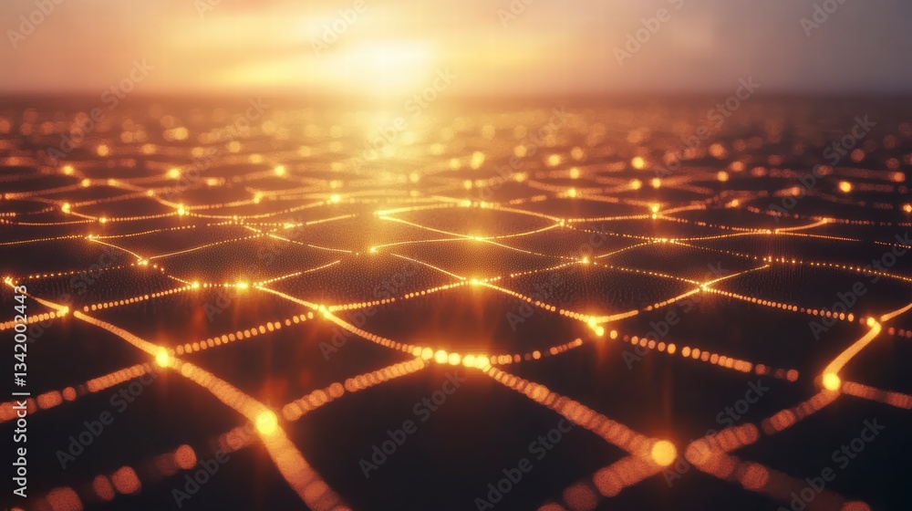 Poster digital connectivity: a mesmerizing view of a glowing digital network in the golden light, emphasizi