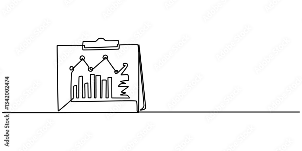 Poster continuous one line drawing of clipboard with statistics graph. one line drawing illustration of gra