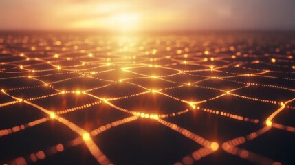 Digital Connectivity: A mesmerizing view of a glowing digital network in the golden light, emphasizing the intricate interconnectedness of modern technology.