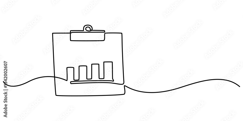 Poster continuous one line drawing of clipboard with statistics graph. one line drawing illustration of gra