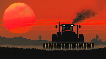 Fototapeta premium Tractor plowing a field on a farm, bright red background of the rising sun in the haze, copy space with concept conscious farming and organic methods maintain ecological balance