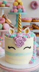Pastel Unicorn Cake with Gold Horn &ndash; Whimsical Birthday Dessert

