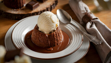 A decadent chocolate lava cake with a gooey molten center sits beside a scoop of velvety vanilla ice cream, served on a white ceramic plate, creating a rich and indulgent dessert