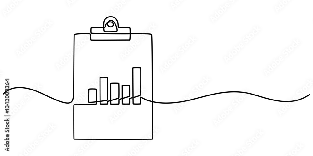 Poster continuous one line drawing of clipboard with statistics graph. one line drawing illustration of gra