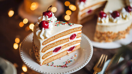 A delicate vanilla sponge cake with two layers of rich, creamy frosting, beautifully presented on a white ceramic plate. Soft, fluffy, and indulgent, perfect for any dessert lover