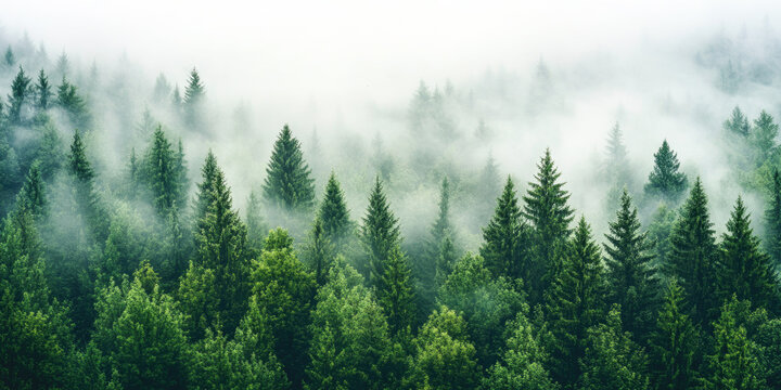 Misty morning in dense evergreen forest with fog and lush greenery - Powered by Adobe