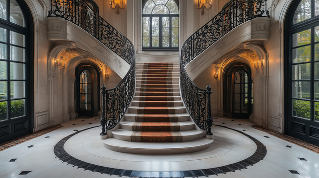 Luxurious Beaux-Arts Mansion with Grand Staircase and Elaborate Ironwork - Powered by Adobe