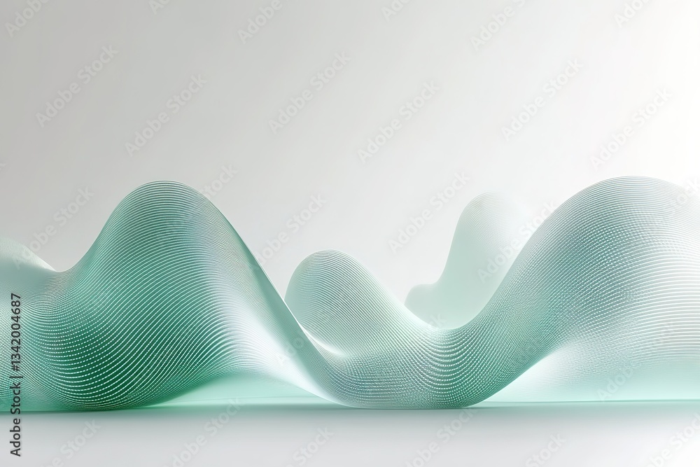 Poster abstract undulating waves of light aqua dots on a white surface with white background
