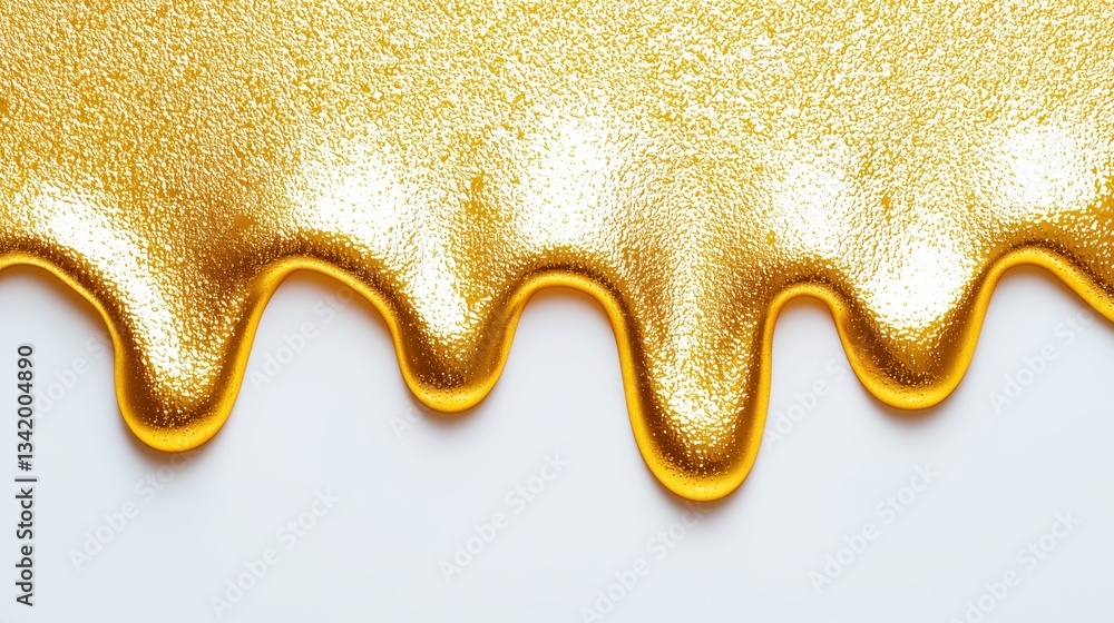 Poster gold paint flowing smoothly on a white surface creating a glossy and shiny effect in a creative sett