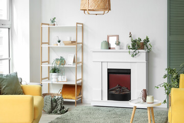 Interior of living room with electric fireplace, shelf unit and houseplants