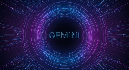 Fototapeta premium Gemini Zodiac: A neon-lit, digital artwork showcases the Gemini zodiac sign, featuring a futuristic design. Intricate circuits form concentric circles, radiating outward.
