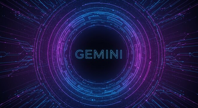 Gemini Zodiac: A neon-lit, digital artwork showcases the Gemini zodiac sign, featuring a futuristic design. Intricate circuits form concentric circles, radiating outward.