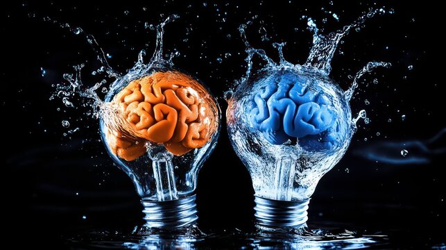A vibrant light bulb bursting with blue and orange brain halves and splashes of water, showcasing creativity and innovation