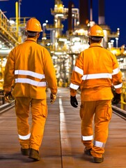 Two workers in orange safety gear walk through a brightly lit industrial facility at night