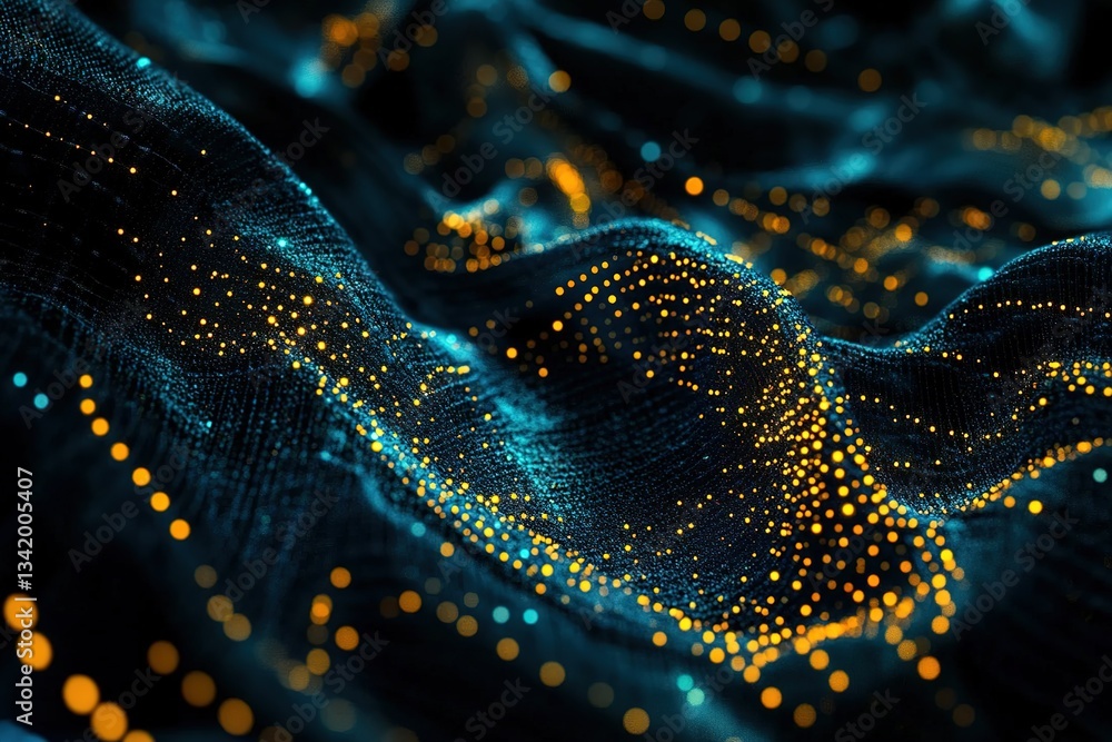Poster abstract network: digital landscape of glowing dots on an undulating dark surface