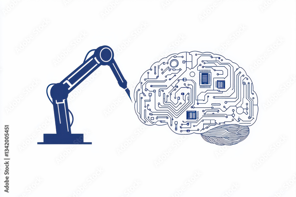Poster a robotic arm interacts with an illustrated brain, symbolizing artificial intelligence. isolated on 