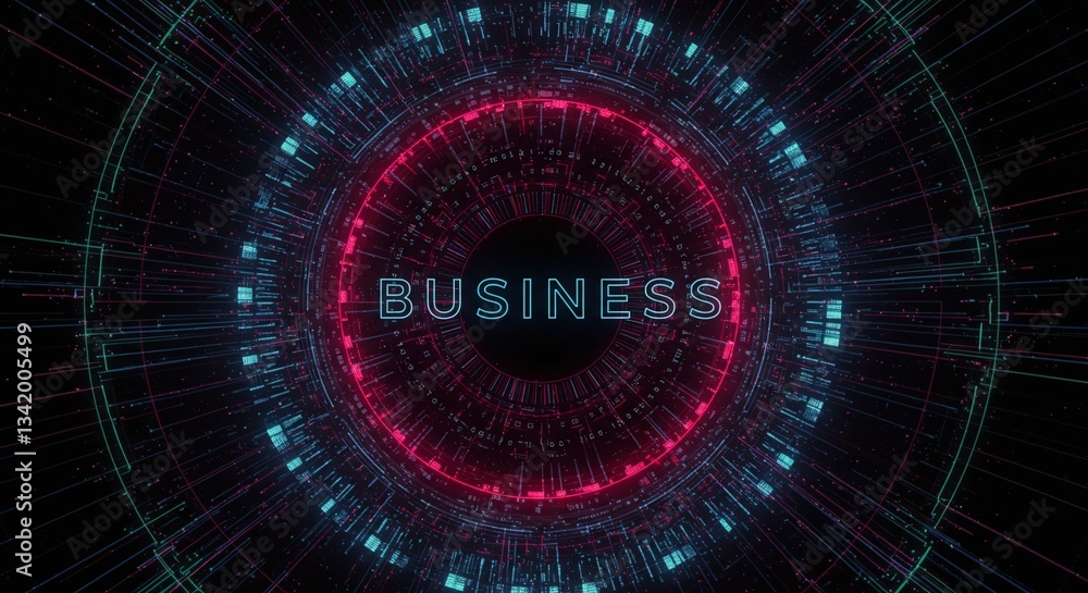 Poster digital business sphere: an abstract, futuristic composition features the word 