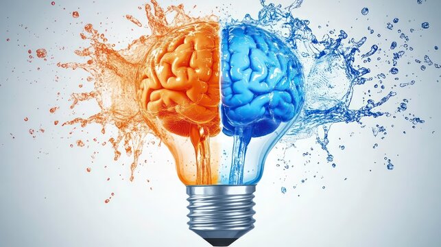A vibrant light bulb bursting with blue and orange brain halves and splashes of water, showcasing creativity and innovation