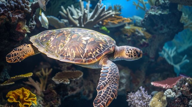 Sea turtle gracefully swimming among vibrant corals in blue waters