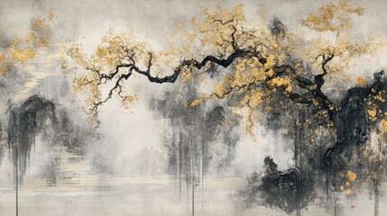 Golden Blossoms, Misty Mountain Landscape