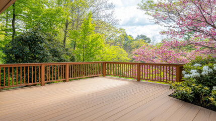 Fototapeta premium A spacious wooden deck surrounded by vibrant greenery and colorful flowers.
