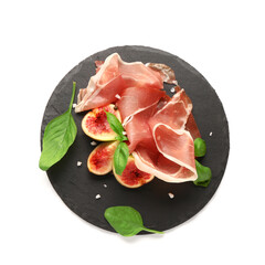 Board with slices of tasty prosciutto, basil and figs on white background