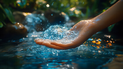 Hand Cupping Sparkling Water in a Forest Stream Serenity and Nature
