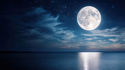 A stunning view of a full moon reflecting on calm ocean waters at night.