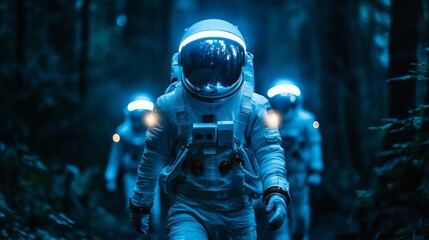 Astronauts in White Suits Walking Through a Dark Blue Forest at Night
