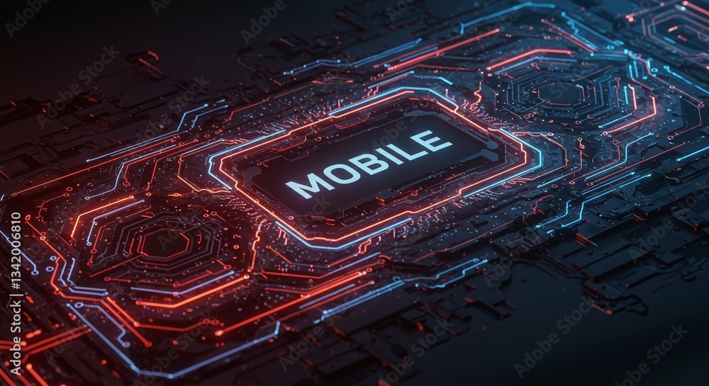 Poster mobile innovation: a striking digital rendering of a mobile technology core. showcasing glowing circ