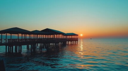 Obraz premium Sunset over Calm Ocean with Wooden Pier Silhouettes