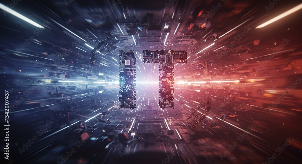 Poster digital it universe: futuristic it letters merge within a data tunnel of light and color, conveying 