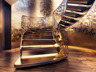 Beautiful interior staircase with shiny forged elements, wooden floor, and curved walls. Warm artificial lighting enhances the elegant design.