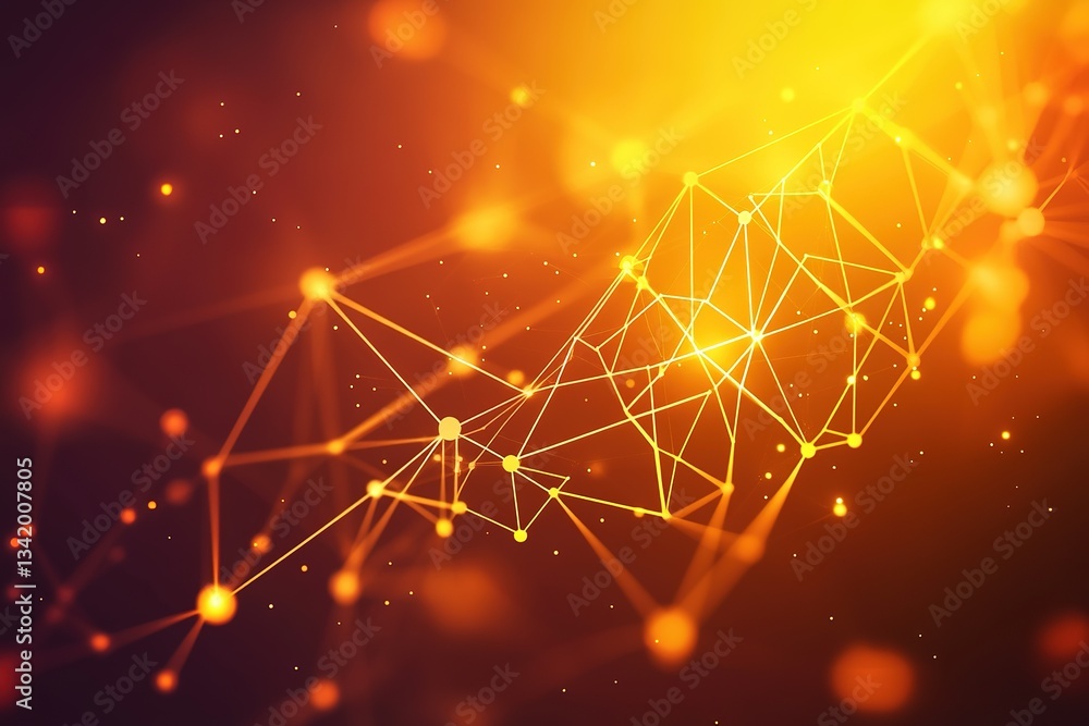 Poster abstract network of interconnected nodes and lines with a golden glow in the background