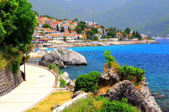 The city Herceg Novi, Montenegro, in the mountains, shore of Kotor. Scenic summer resort landscape in Herceg Novi.
