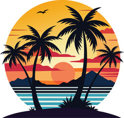 Retro Sunset with Palm Trees – Vintage Tropical Vector Design
