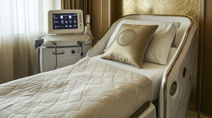 Cosmetic treatment session in a luxury beauty spa, highlighting a professional therapist using advanced equipment.