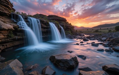 Cascading Waterfall Flowing Into River at Sunset with Rocks and Landscape