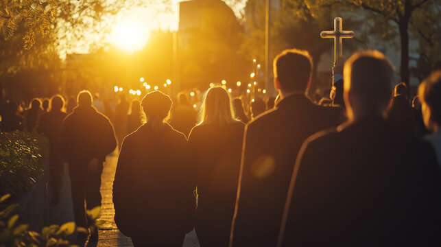 Palm Sunday Procession with Cross at Sunset