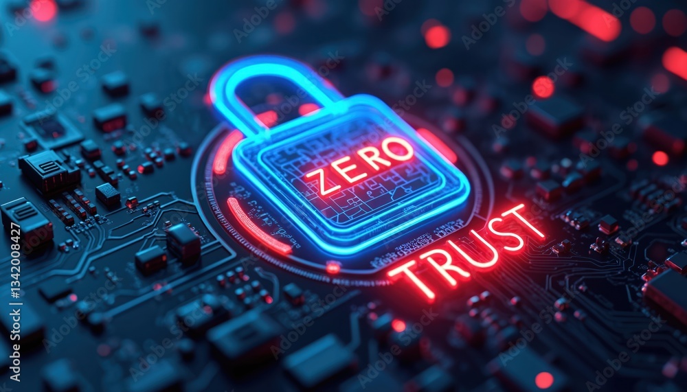 Poster Glowing digital padlock icon with ZERO TRUST inscription. Cybersecurity on blue circuit board background. Conceptual image of data protection, encryption, network security in cyberspace. Illustration