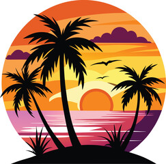 Retro Sunset with Palm Trees – Vintage Tropical Vector Design