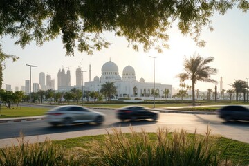 Cityscape view of mosque and cars at sunrise. Possible stock photo use