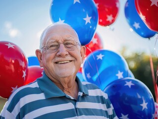 Cheerful senior man surrounded by patriotic balloons on a sunny day
