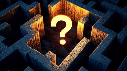 Labyrinth with glowing question mark. Creative abstract marketing strategy and motivation design. Decisions, confusion, education and learning, digitally generated video.