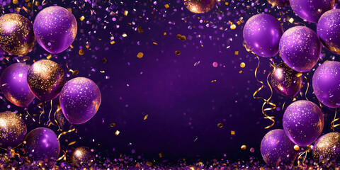 Purple and gold party celebration with balloons and confetti on a vibrant background