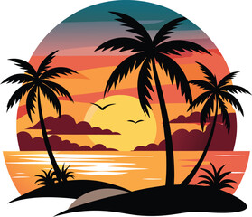 Retro Sunset with Palm Trees – Vintage Tropical Vector Design